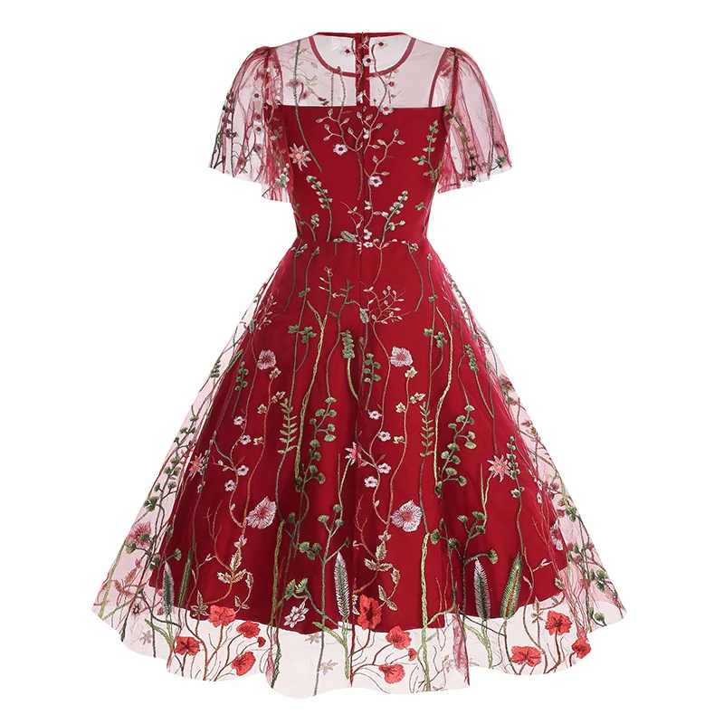 Evening Party Elegant Retro Dress Luxury 2025 Women Summer O-Neck Floral Mesh Embroidered 60s 70s Vintage Midi Dresses Vestidos