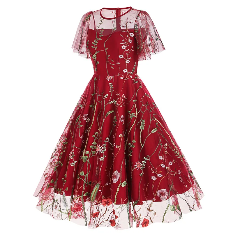 Evening Party Elegant Retro Dress Luxury 2025 Women Summer O-Neck Floral Mesh Embroidered 60s 70s Vintage Midi Dresses Vestidos