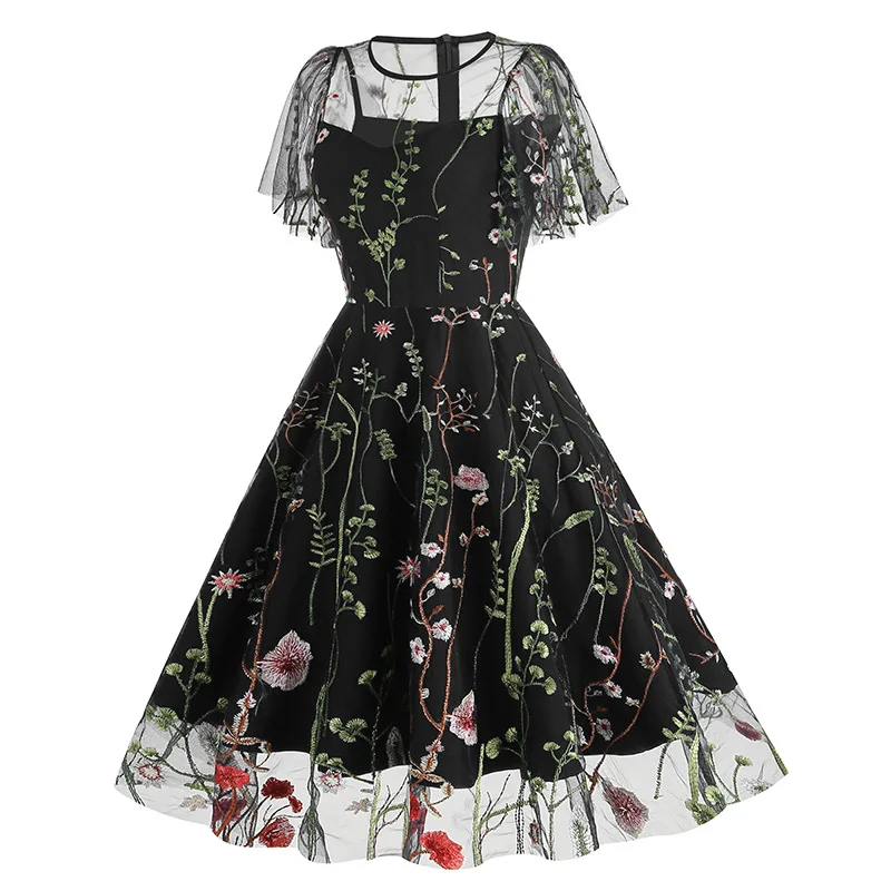 Evening Party Elegant Retro Dress Luxury 2025 Women Summer O-Neck Floral Mesh Embroidered 60s 70s Vintage Midi Dresses Vestidos