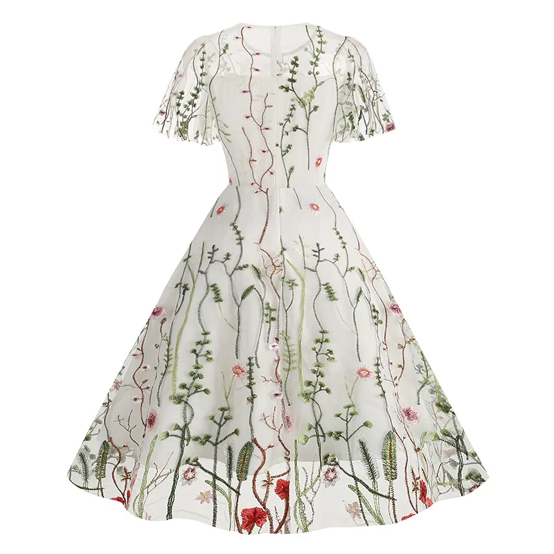 Evening Party Elegant Retro Dress Luxury 2025 Women Summer O-Neck Floral Mesh Embroidered 60s 70s Vintage Midi Dresses Vestidos