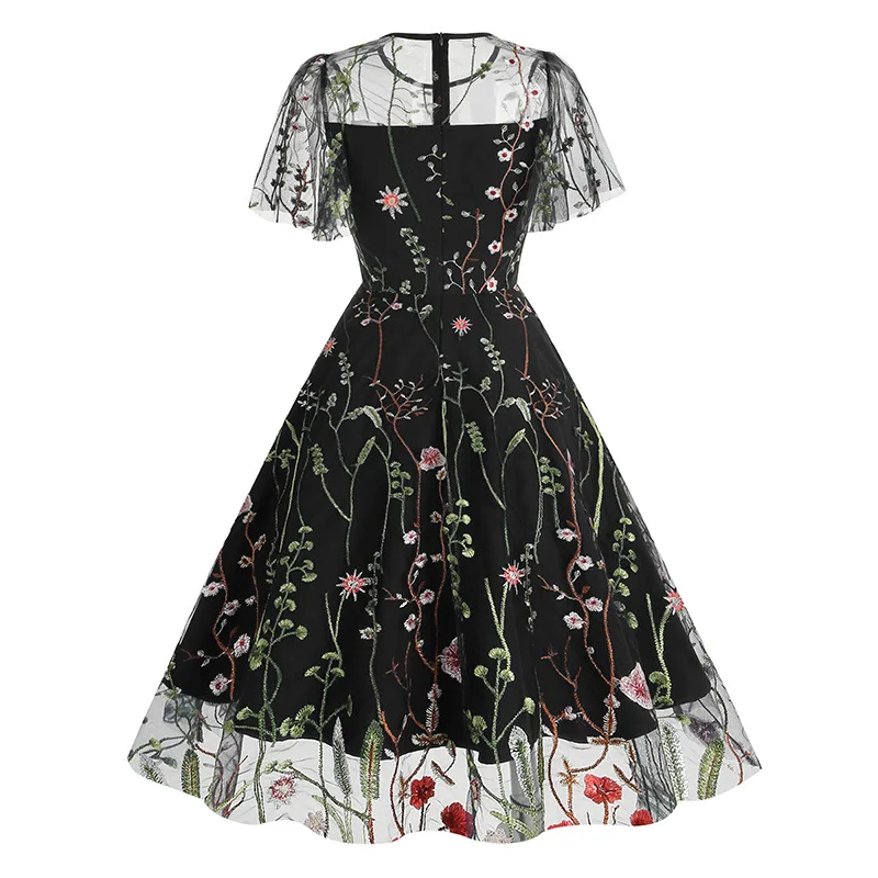 Evening Party Elegant Retro Dress Luxury 2025 Women Summer O-Neck Floral Mesh Embroidered 60s 70s Vintage Midi Dresses Vestidos