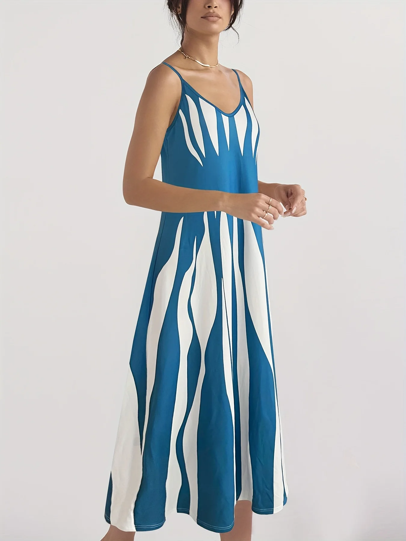 Women's Summer Sleeveless Print Sling Long Dress Vintage Loose Sundress Sexy V-neck Bohemian A-line Vacation Strappy Maxi Dress