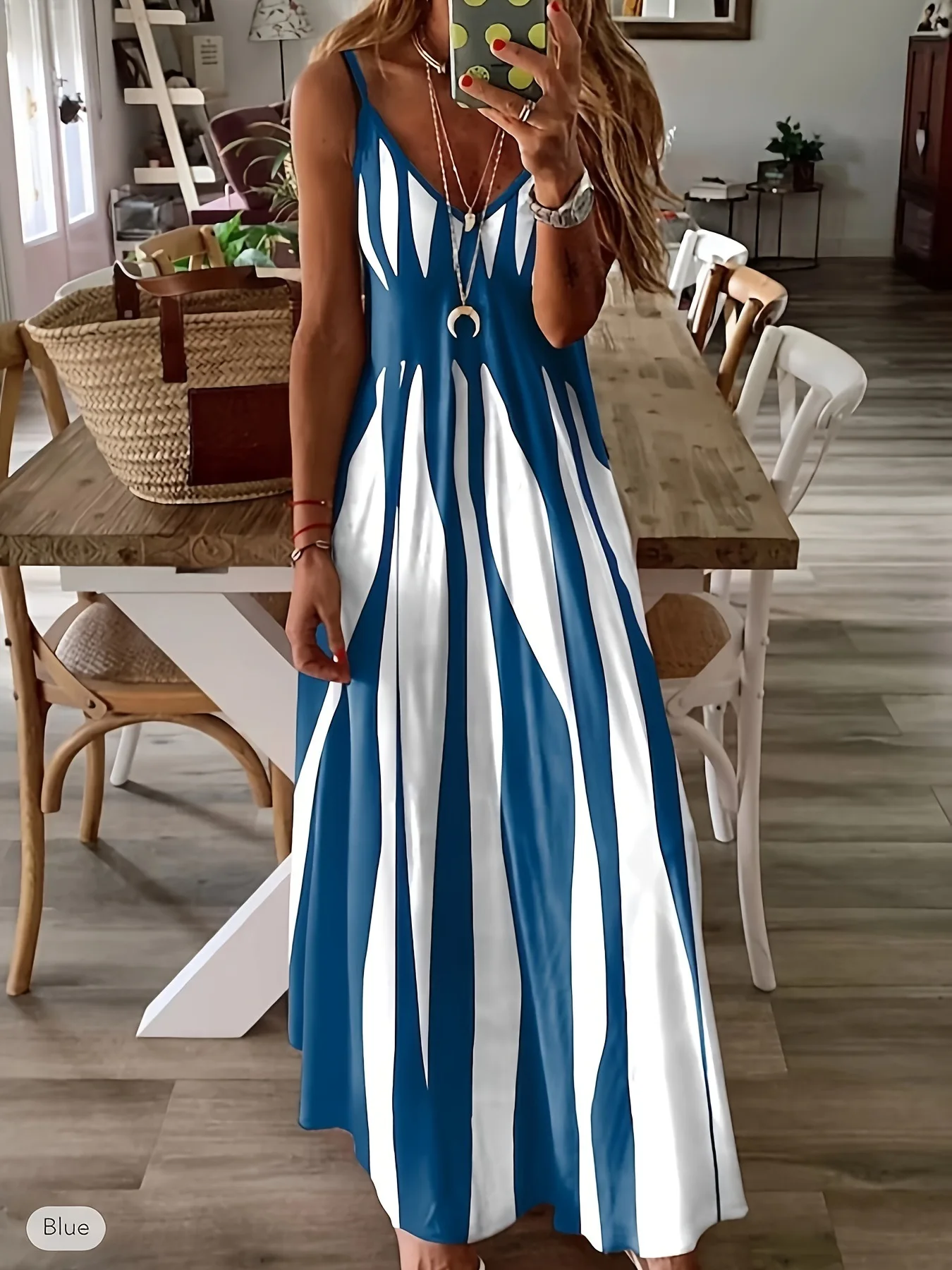 Women's Summer Sleeveless Print Sling Long Dress Vintage Loose Sundress Sexy V-neck Bohemian A-line Vacation Strappy Maxi Dress