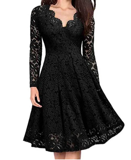 Women Lace A-Line Dress Spring Autumn V Neck Long Sleeve Lace Crochet Patchwork WineRed Slim Party Dresses JYFS-JY8858