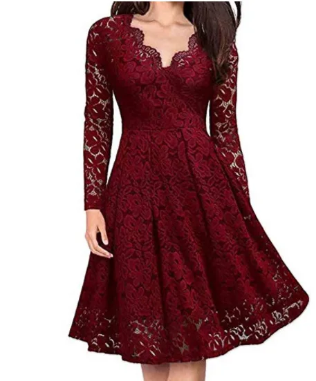 Women Lace A-Line Dress Spring Autumn V Neck Long Sleeve Lace Crochet Patchwork WineRed Slim Party Dresses JYFS-JY8858