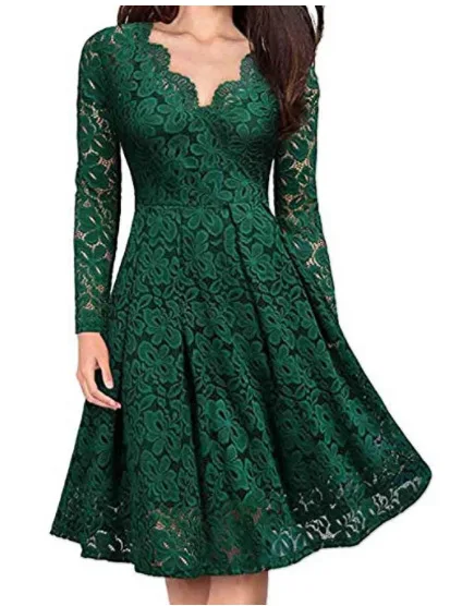 Women Lace A-Line Dress Spring Autumn V Neck Long Sleeve Lace Crochet Patchwork WineRed Slim Party Dresses JYFS-JY8858