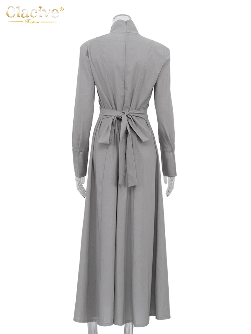 Clacive Fashion Slim Gray Cotton Women Dress Bodycon Stand Collar Long Sleeve Maxi Dresses Elegant High Waist Slit Female Dress