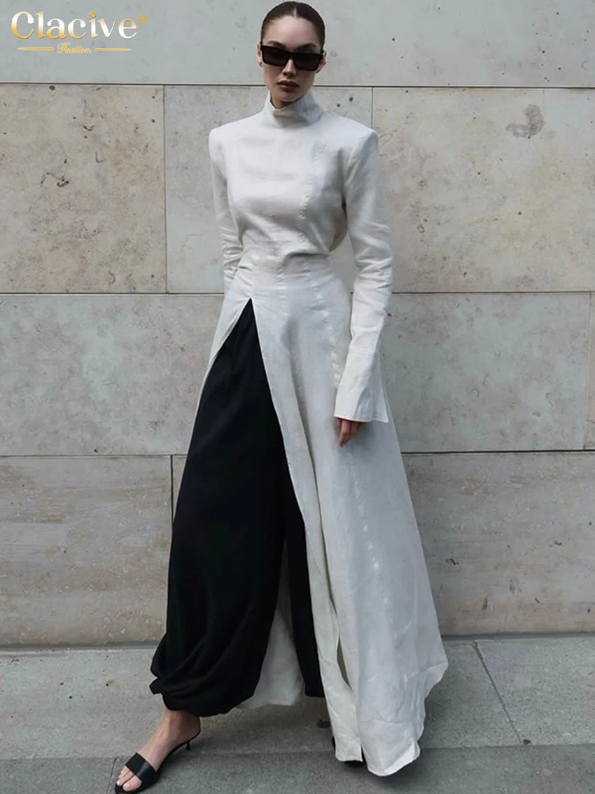 Clacive Fashion Slim Gray Cotton Women Dress Bodycon Stand Collar Long Sleeve Maxi Dresses Elegant High Waist Slit Female Dress