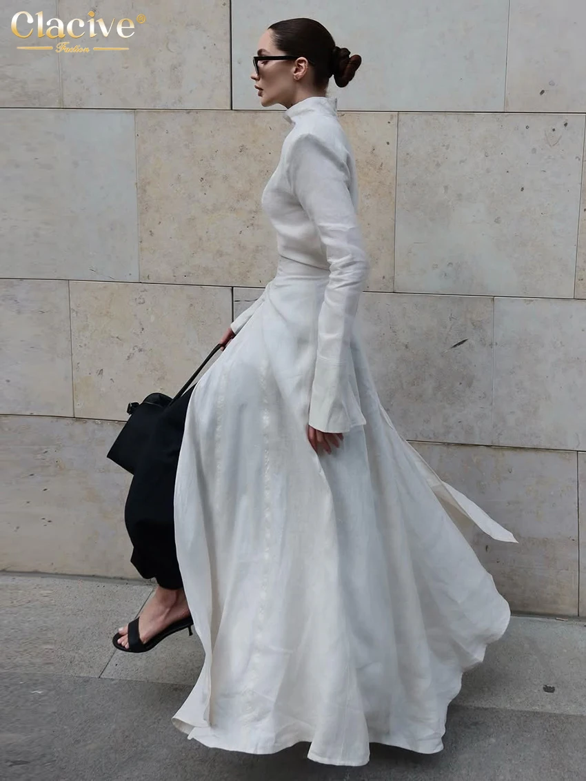 Clacive Fashion Slim Gray Cotton Women Dress Bodycon Stand Collar Long Sleeve Maxi Dresses Elegant High Waist Slit Female Dress