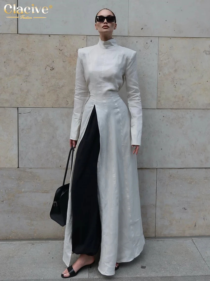 Clacive Fashion Slim Gray Cotton Women Dress Bodycon Stand Collar Long Sleeve Maxi Dresses Elegant High Waist Slit Female Dress