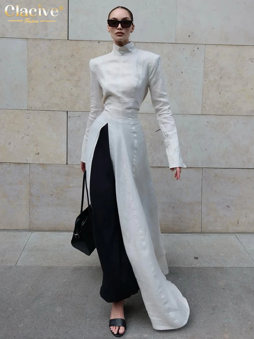 Clacive Fashion Slim Gray Cotton Women Dress Bodycon Stand Collar Long Sleeve Maxi Dresses Elegant High Waist Slit Female Dress