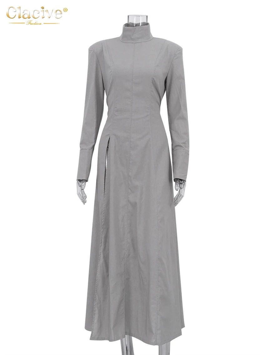 Clacive Fashion Slim Gray Cotton Women Dress Bodycon Stand Collar Long Sleeve Maxi Dresses Elegant High Waist Slit Female Dress