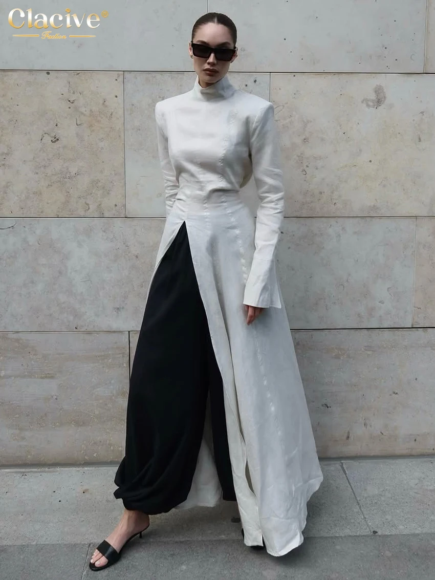 Clacive Fashion Slim Gray Cotton Women Dress Bodycon Stand Collar Long Sleeve Maxi Dresses Elegant High Waist Slit Female Dress