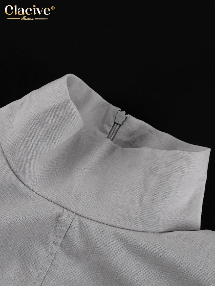 Clacive Fashion Slim Gray Cotton Women Dress Bodycon Stand Collar Long Sleeve Maxi Dresses Elegant High Waist Slit Female Dress