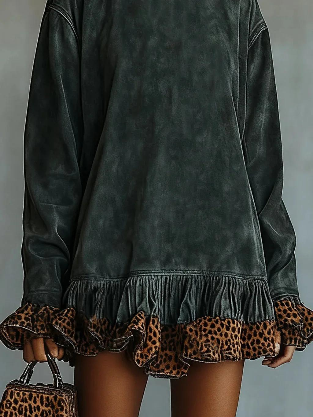 Turtleneck Leopard Trim Dress for Women's Long Sleeve Suede Velvet Flare Sleeve Casual Retro Loose Straight Mini Dresses 2025