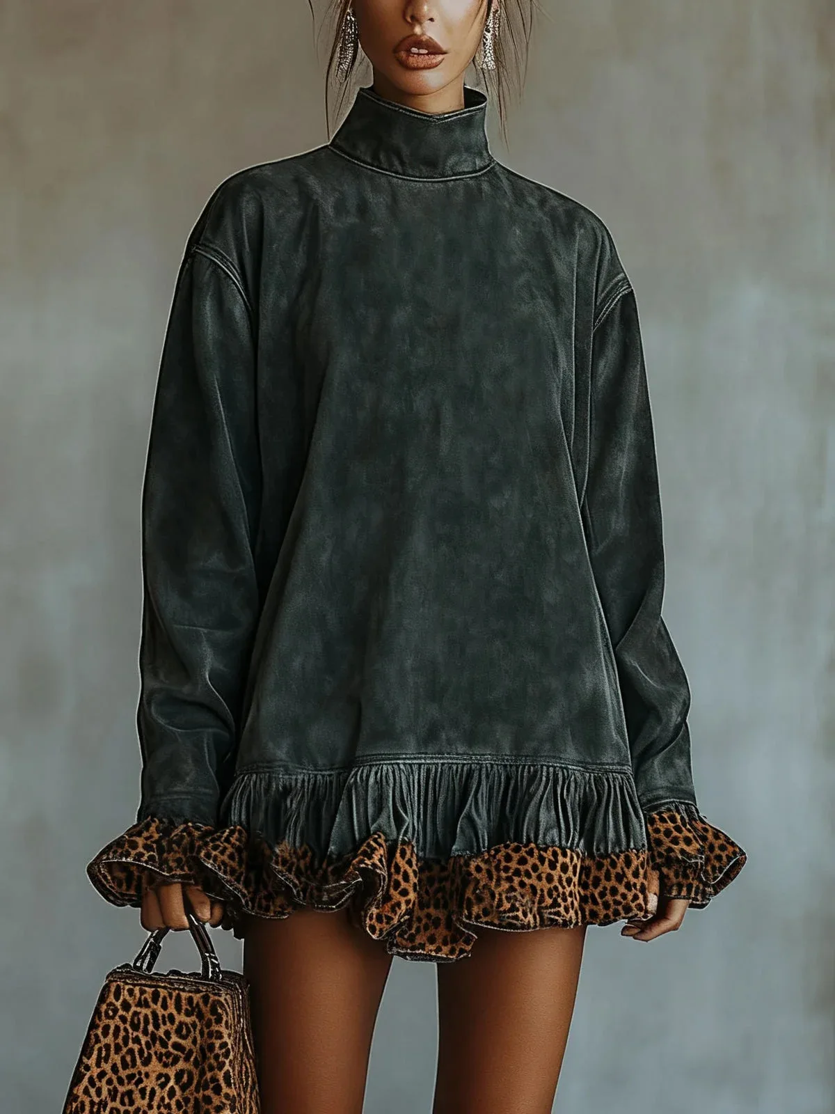 Turtleneck Leopard Trim Dress for Women's Long Sleeve Suede Velvet Flare Sleeve Casual Retro Loose Straight Mini Dresses 2025