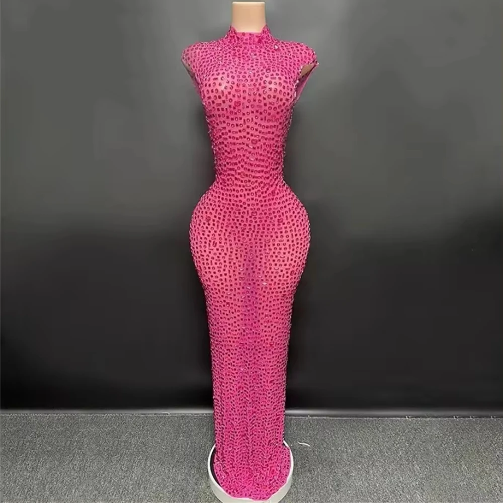 Sparkly Rhinestone Sleeveless Stretchy Mesh See Through Long Dress Women Luxury Evening Prom Gown Singer Dancer Show Stage Wear