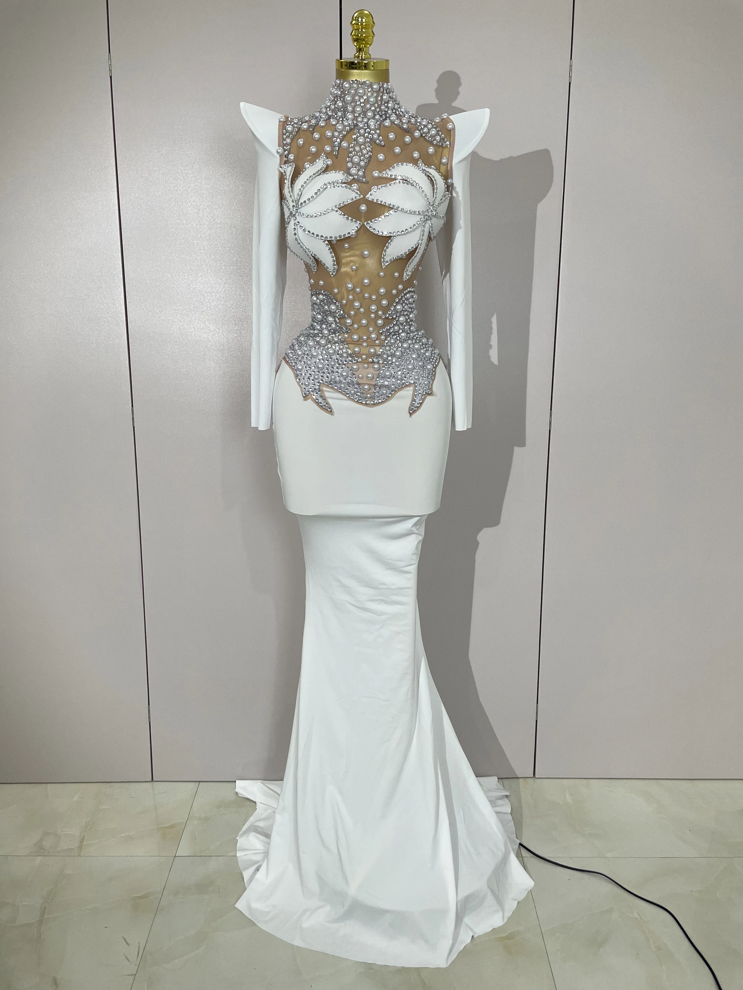 Luxury Sparkly Diamonds Pearl White See Through Mesh Long Dress Women Wedding Evening Party Stage Performance Photoshoot Dress