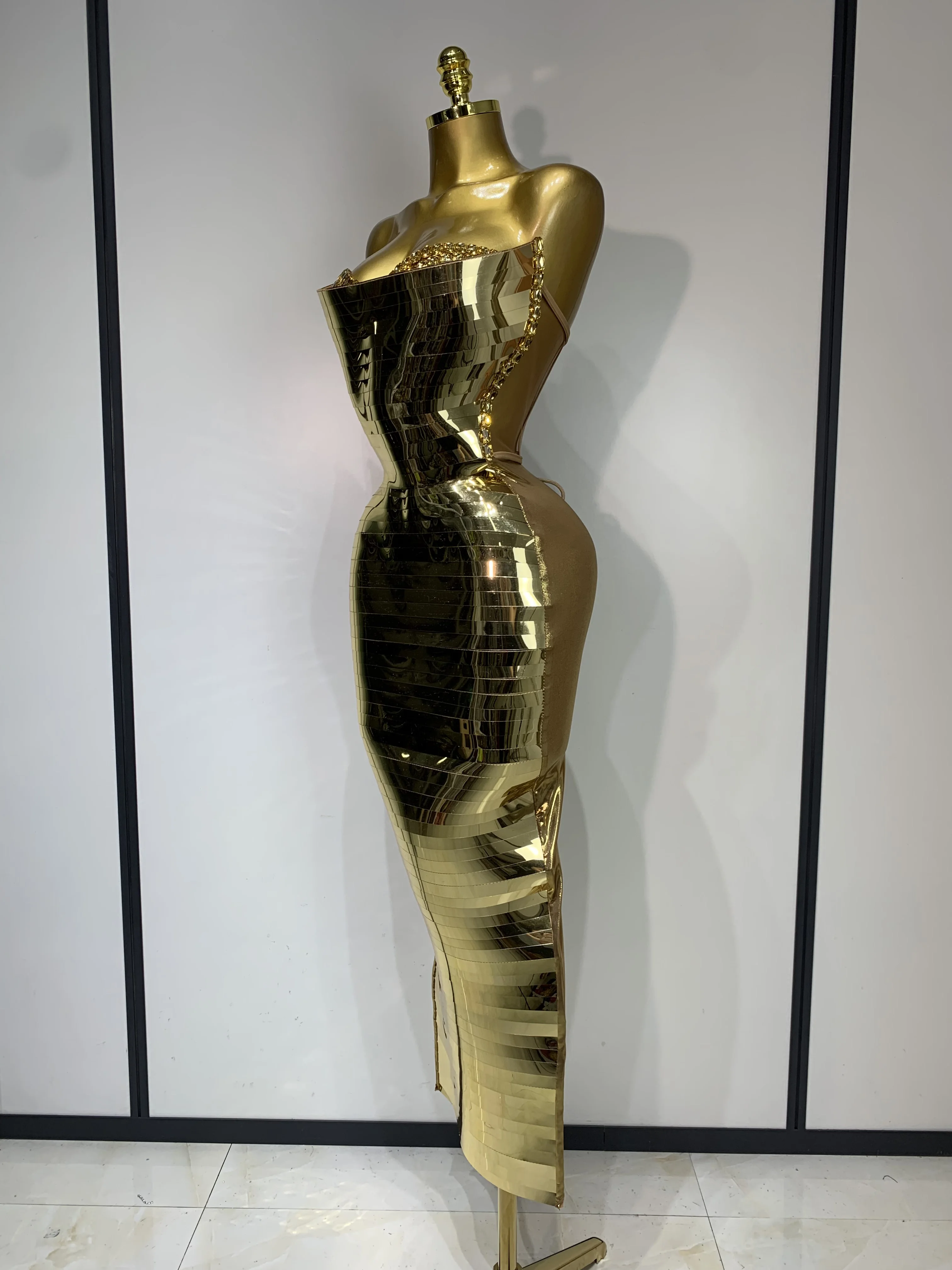 Women Luxury Gold Sequin Strapless Crystal Bodycon Y2K Evening Party Dress One Piece Celebrity Gala Gown Birthday Club Dress