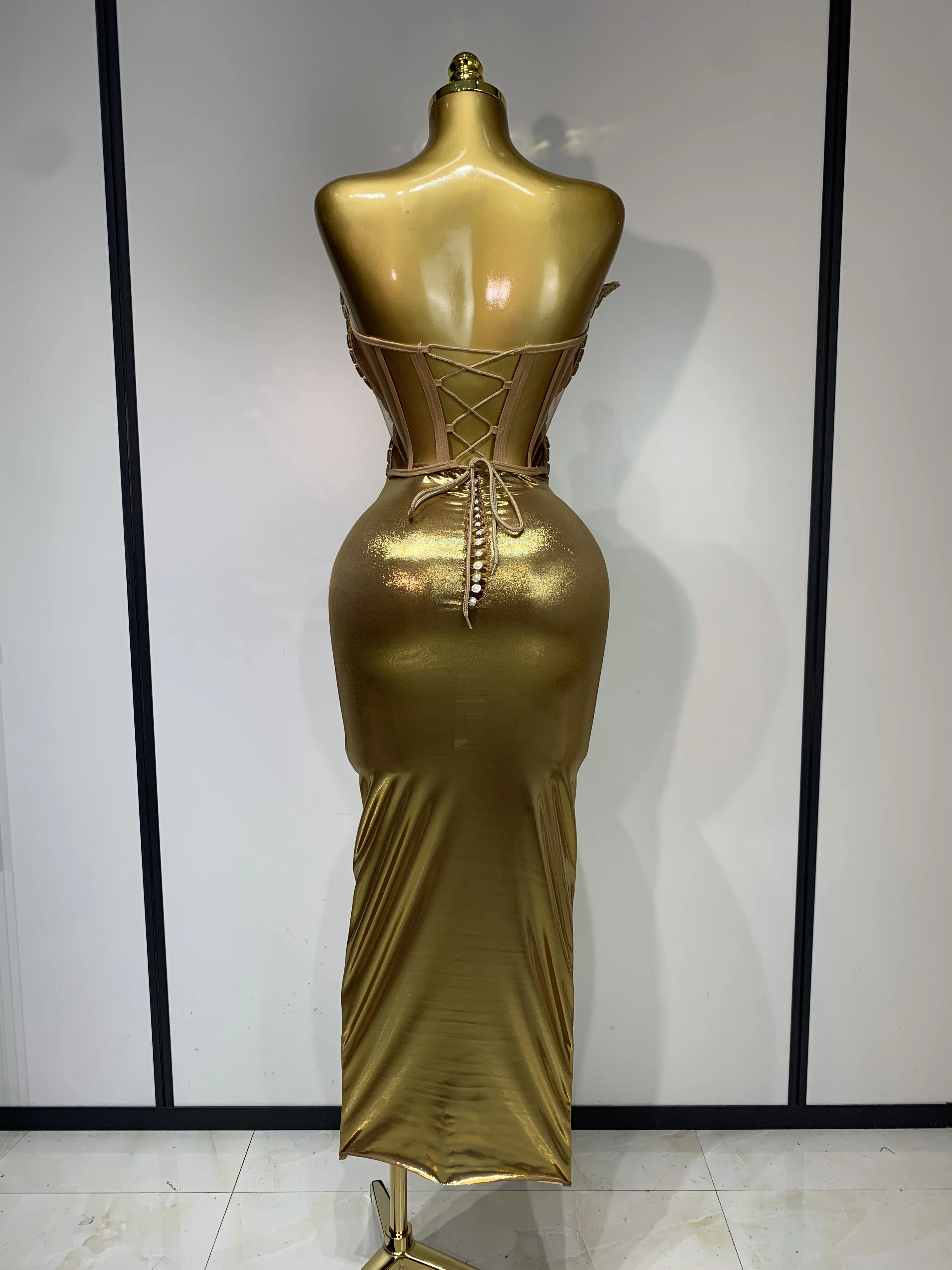 Women Luxury Gold Sequin Strapless Crystal Bodycon Y2K Evening Party Dress One Piece Celebrity Gala Gown Birthday Club Dress