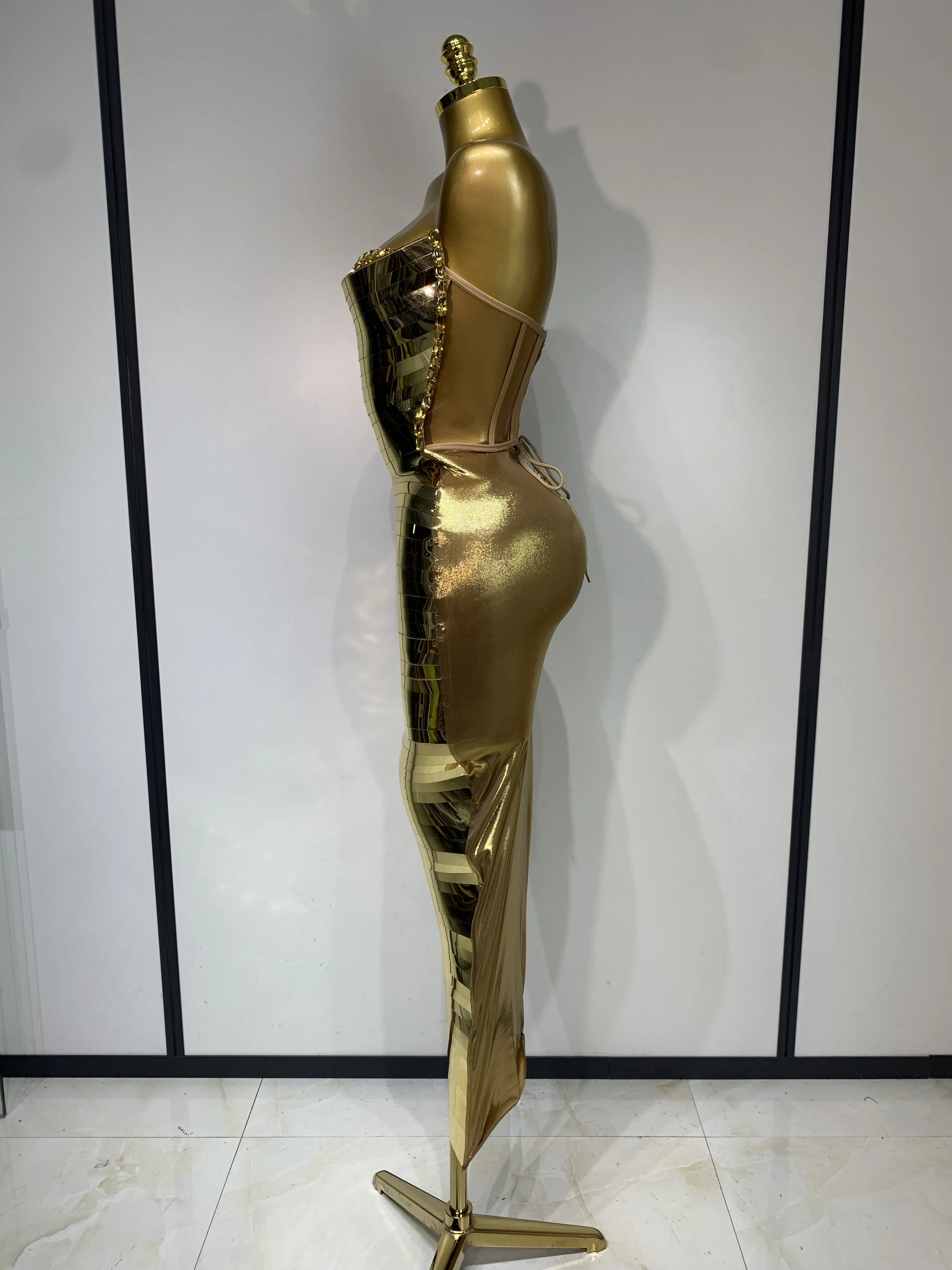 Women Luxury Gold Sequin Strapless Crystal Bodycon Y2K Evening Party Dress One Piece Celebrity Gala Gown Birthday Club Dress