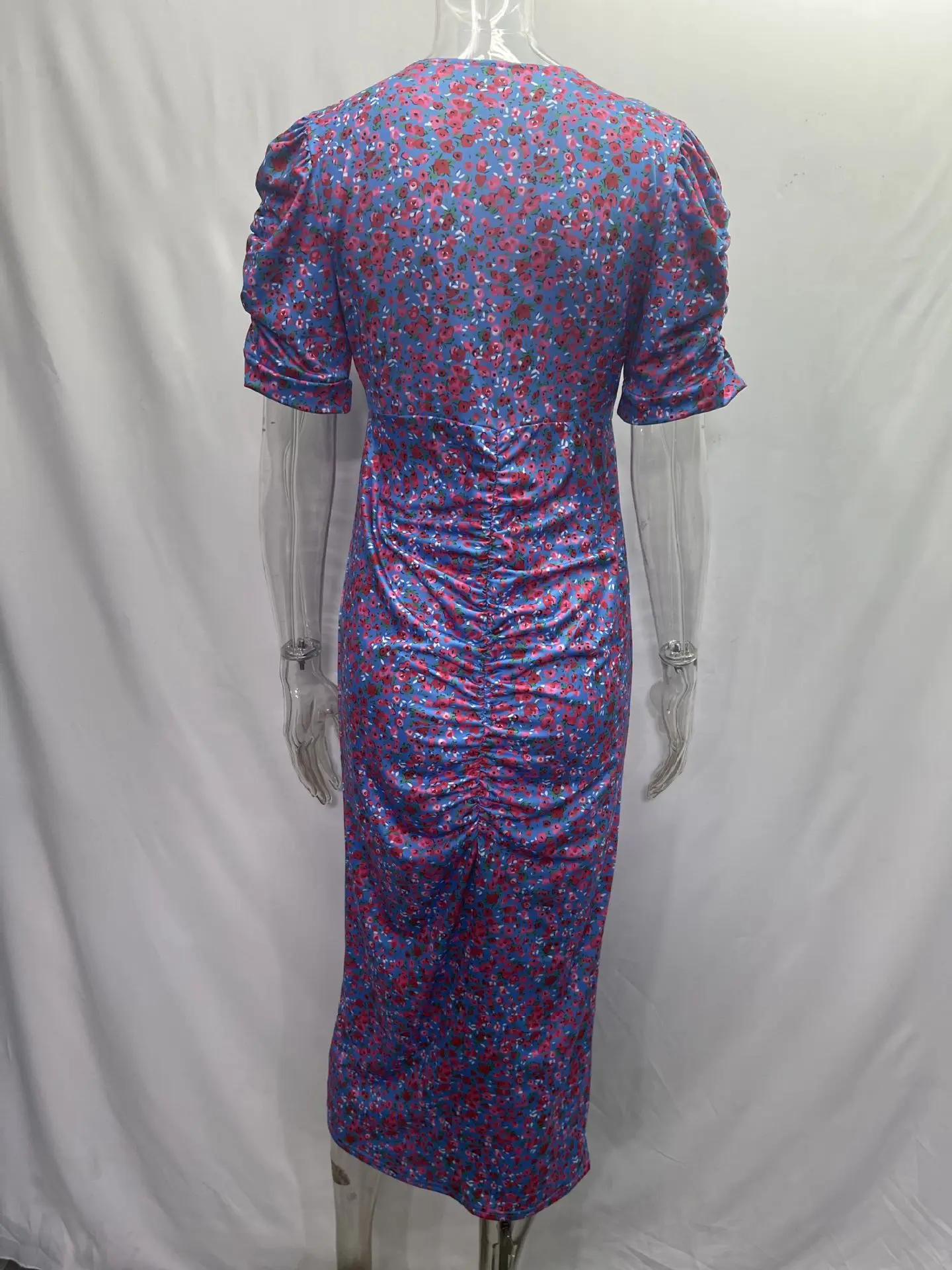 Dresses For Women Summer Slim Floral Print Short Sleeve Midi Dress Robe Female Elegant V Neck Fashion Ladies Clothes Vestidos