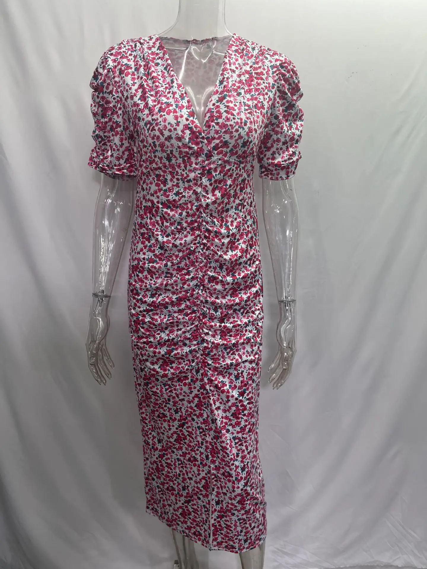 Dresses For Women Summer Slim Floral Print Short Sleeve Midi Dress Robe Female Elegant V Neck Fashion Ladies Clothes Vestidos