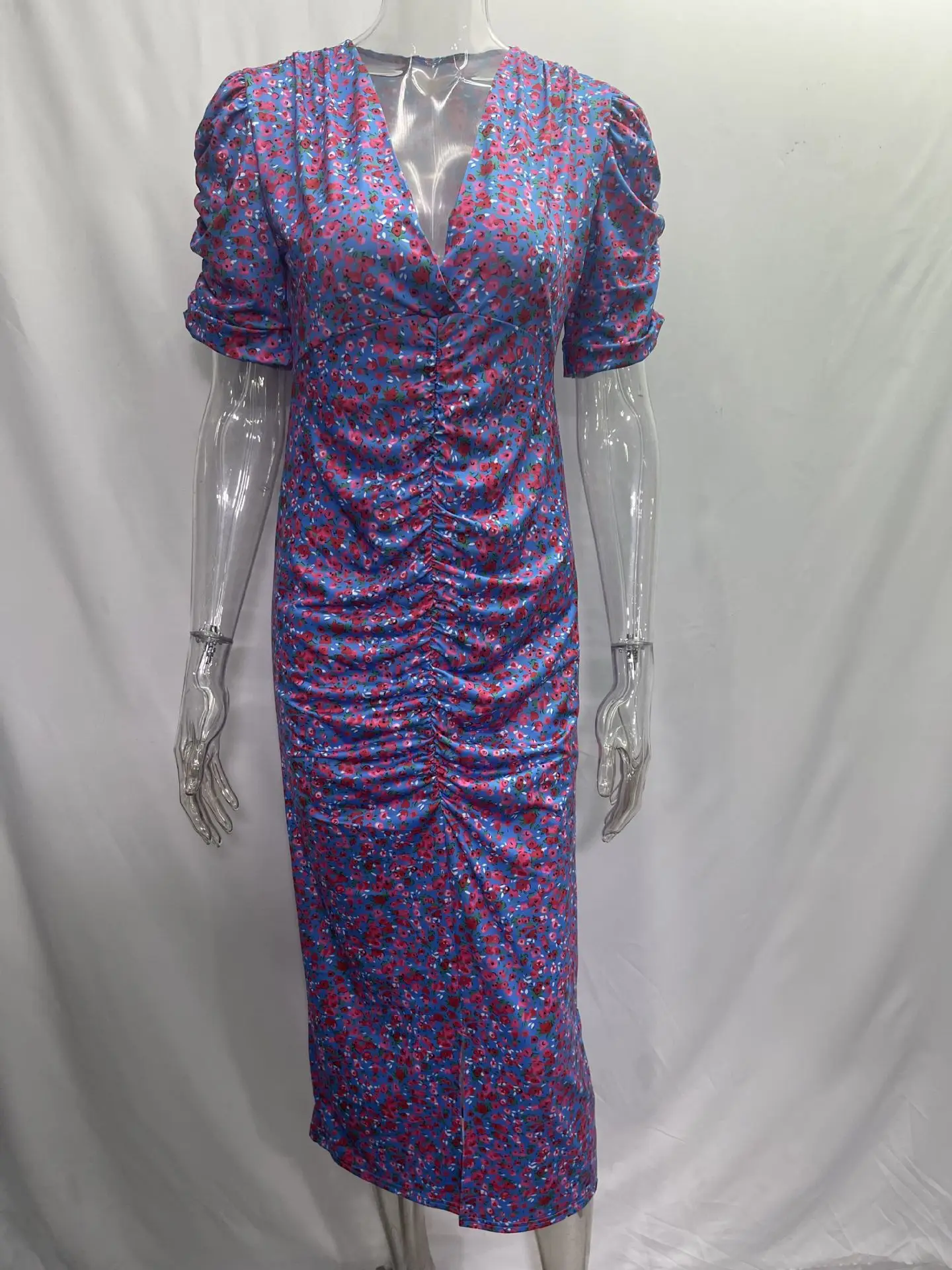 Dresses For Women Summer Slim Floral Print Short Sleeve Midi Dress Robe Female Elegant V Neck Fashion Ladies Clothes Vestidos