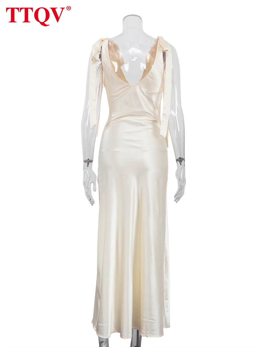 TTQV Sexy Loose Yellow Satin Women's Dress 2026 Summer V-Neck Sleeveless Maxi Dresses Elegant Classic Lace-Up Female Dress