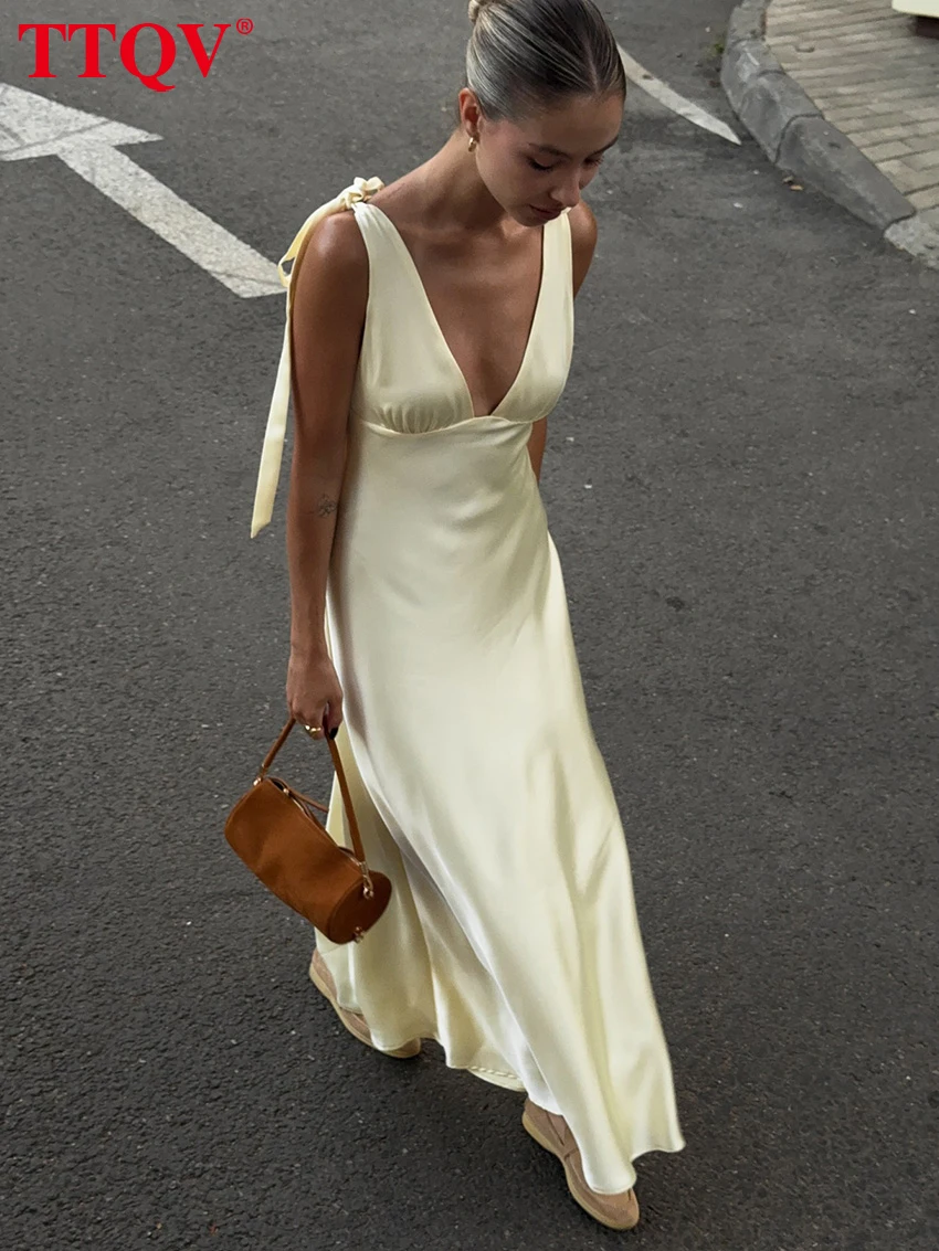 TTQV Sexy Loose Yellow Satin Women's Dress 2026 Summer V-Neck Sleeveless Maxi Dresses Elegant Classic Lace-Up Female Dress
