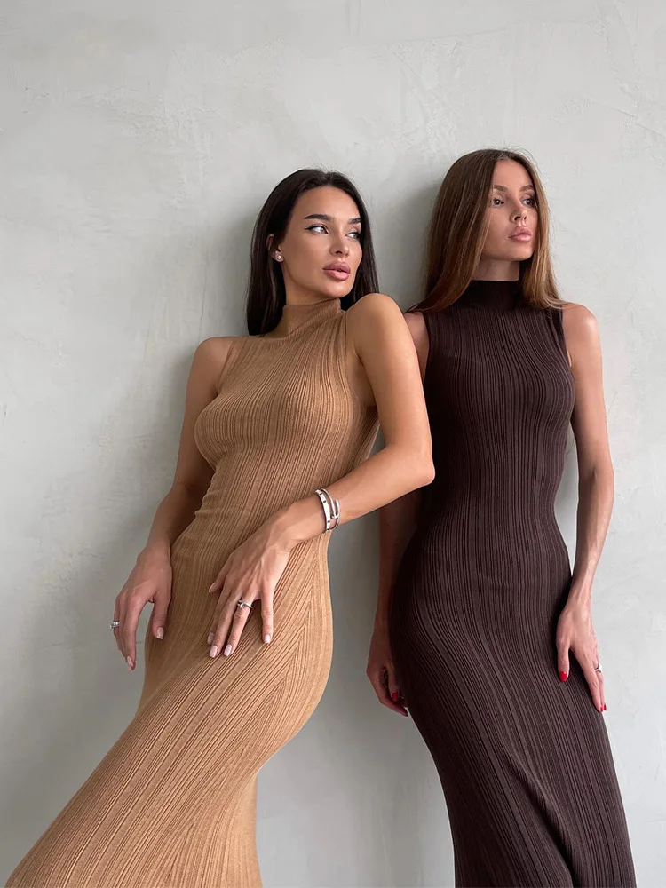 2025 Spring Sleeveless Knitwear Turtleneck Long Dress Female Slim Elegant Fashion Autumn Ribbed Knit Dress For Women Maxi Dress