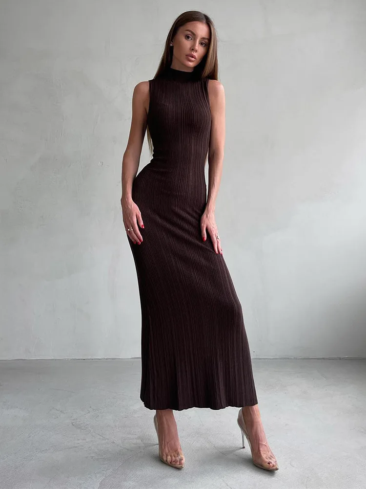 2025 Spring Sleeveless Knitwear Turtleneck Long Dress Female Slim Elegant Fashion Autumn Ribbed Knit Dress For Women Maxi Dress