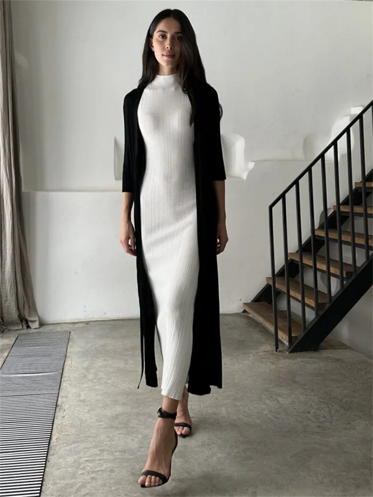 2025 Spring Sleeveless Knitwear Turtleneck Long Dress Female Slim Elegant Fashion Autumn Ribbed Knit Dress For Women Maxi Dress