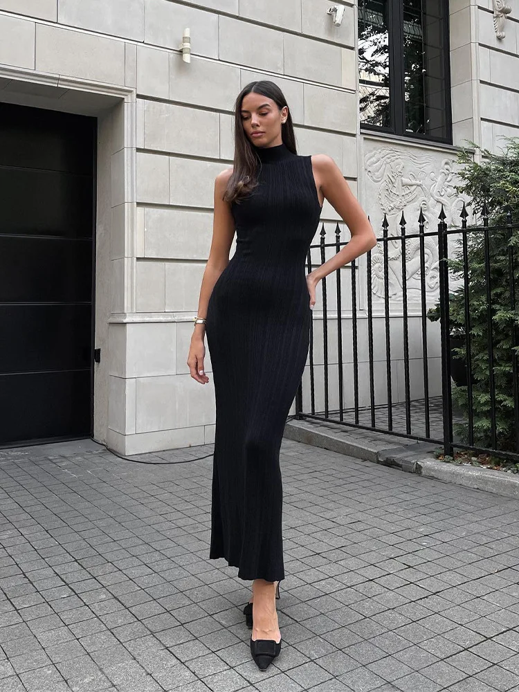 2025 Spring Sleeveless Knitwear Turtleneck Long Dress Female Slim Elegant Fashion Autumn Ribbed Knit Dress For Women Maxi Dress
