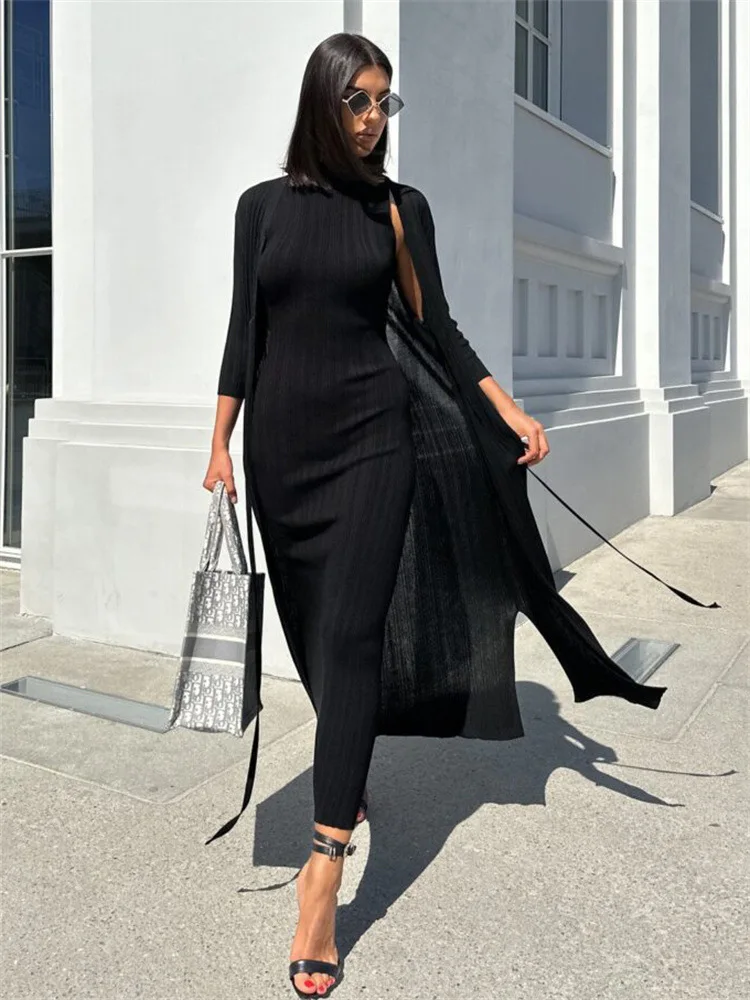 2025 Spring Sleeveless Knitwear Turtleneck Long Dress Female Slim Elegant Fashion Autumn Ribbed Knit Dress For Women Maxi Dress