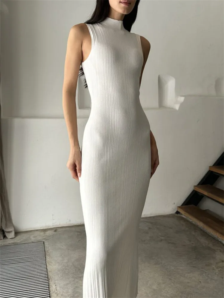 2025 Spring Sleeveless Knitwear Turtleneck Long Dress Female Slim Elegant Fashion Autumn Ribbed Knit Dress For Women Maxi Dress