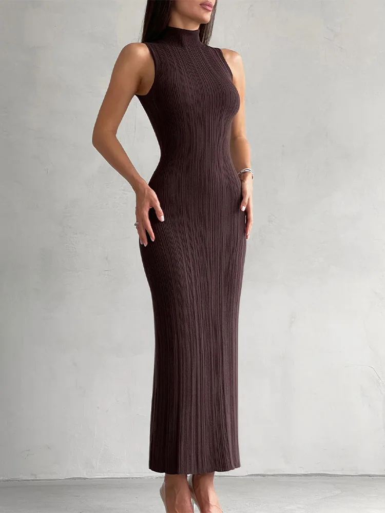 2025 Spring Sleeveless Knitwear Turtleneck Long Dress Female Slim Elegant Fashion Autumn Ribbed Knit Dress For Women Maxi Dress