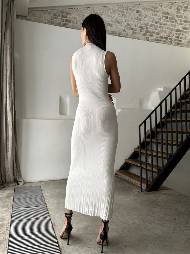 2025 Spring Sleeveless Knitwear Turtleneck Long Dress Female Slim Elegant Fashion Autumn Ribbed Knit Dress For Women Maxi Dress