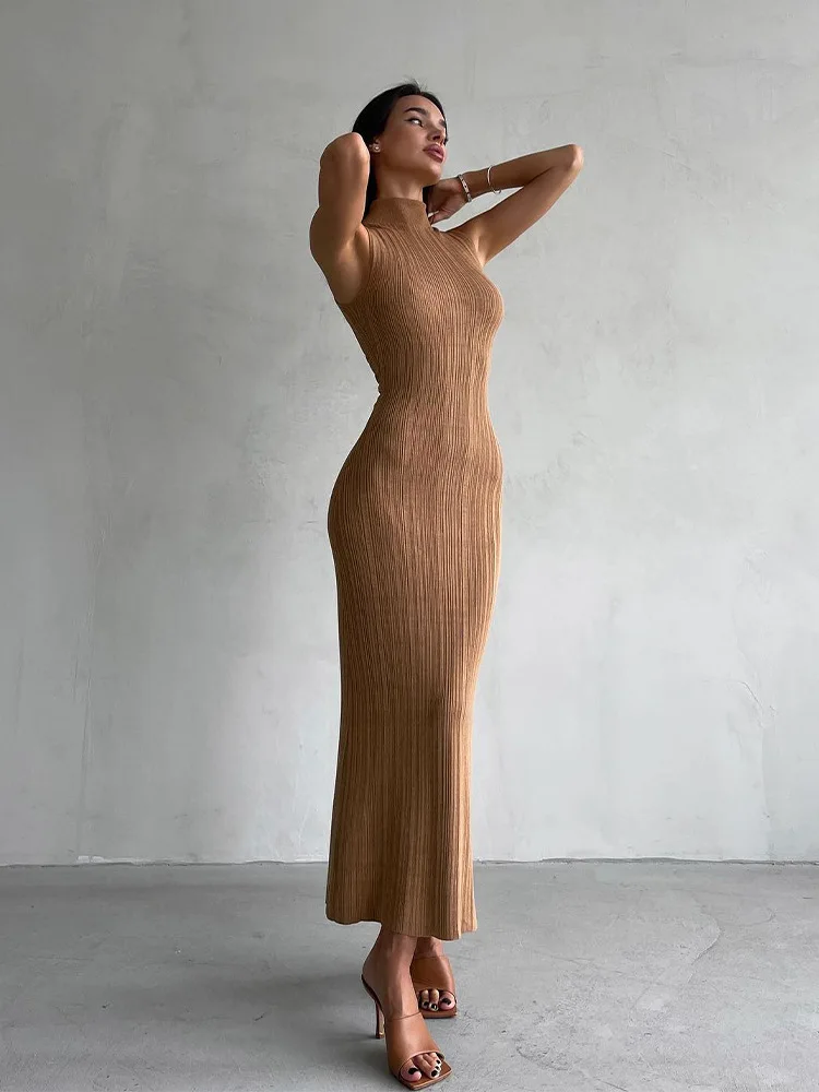 2025 Spring Sleeveless Knitwear Turtleneck Long Dress Female Slim Elegant Fashion Autumn Ribbed Knit Dress For Women Maxi Dress