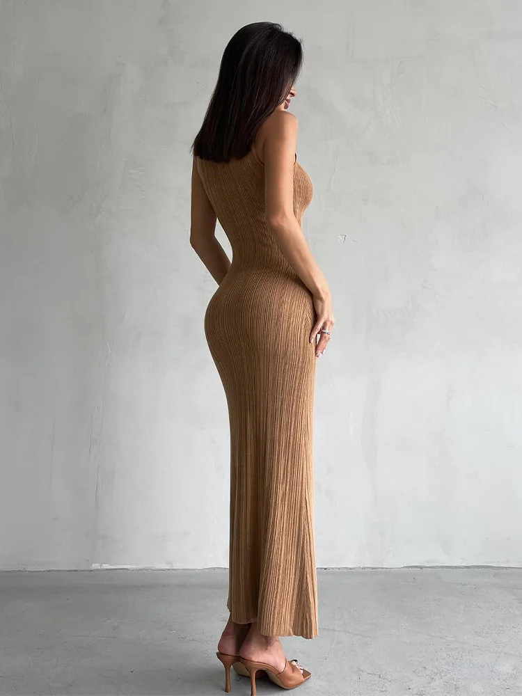 2025 Spring Sleeveless Knitwear Turtleneck Long Dress Female Slim Elegant Fashion Autumn Ribbed Knit Dress For Women Maxi Dress