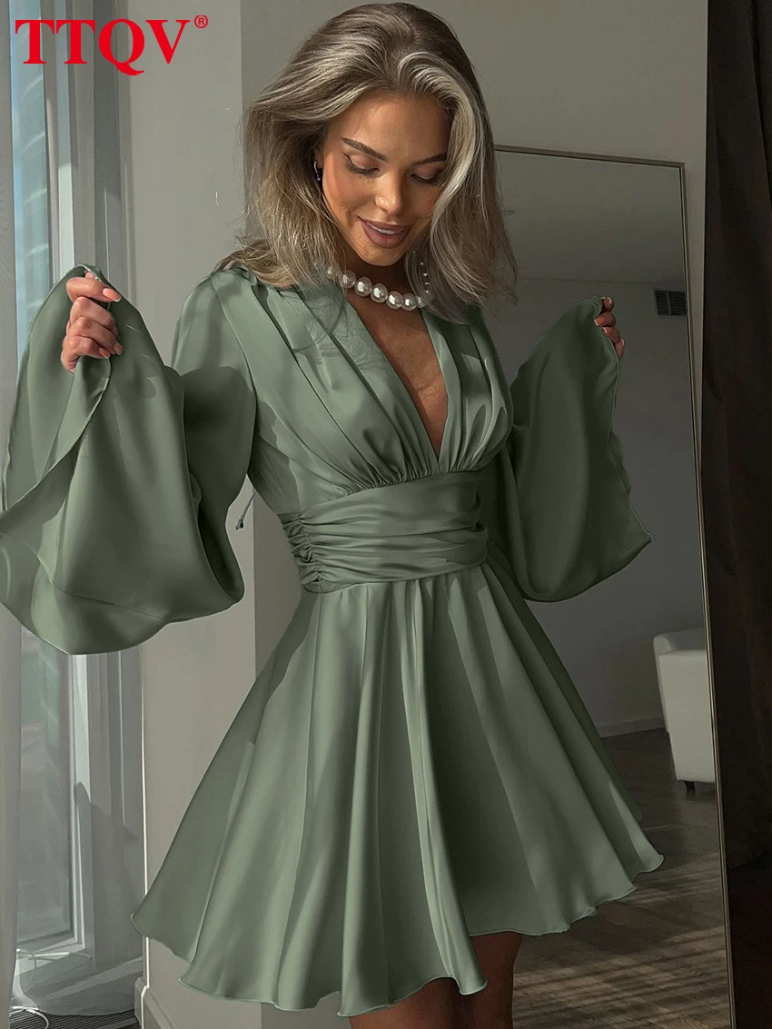 TTQV Fashion Loose Green Satin Women Dress 2024 Sexy V-Neck Long Sleeve Mini Dresses Elegant Classic High Waist Female Dress
