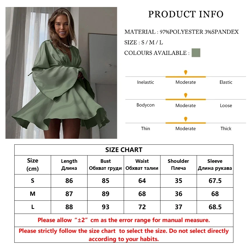 TTQV Fashion Loose Green Satin Women Dress 2024 Sexy V-Neck Long Sleeve Mini Dresses Elegant Classic High Waist Female Dress