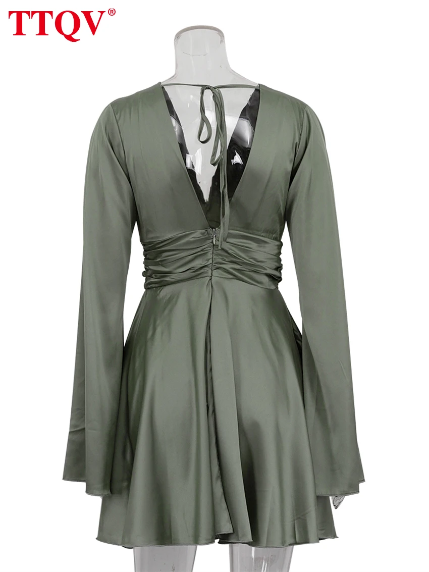TTQV Fashion Loose Green Satin Women Dress 2024 Sexy V-Neck Long Sleeve Mini Dresses Elegant Classic High Waist Female Dress