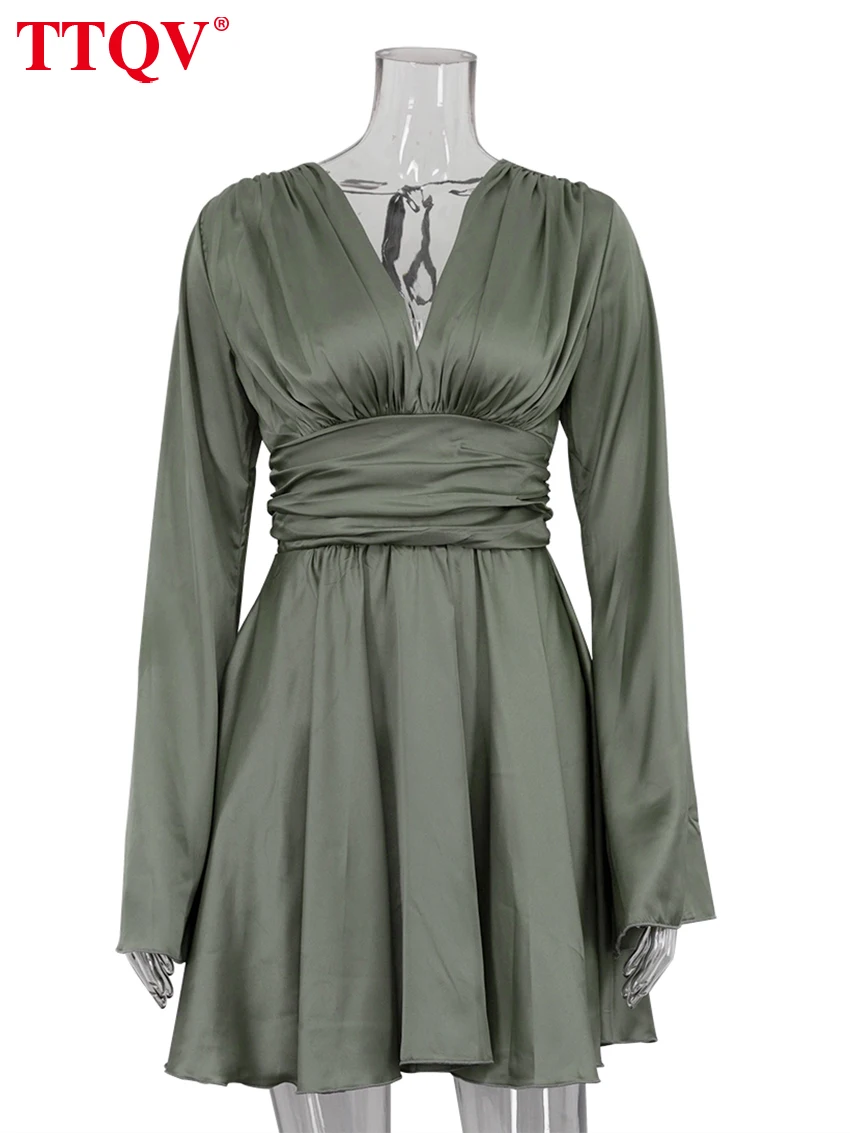 TTQV Fashion Loose Green Satin Women Dress 2024 Sexy V-Neck Long Sleeve Mini Dresses Elegant Classic High Waist Female Dress