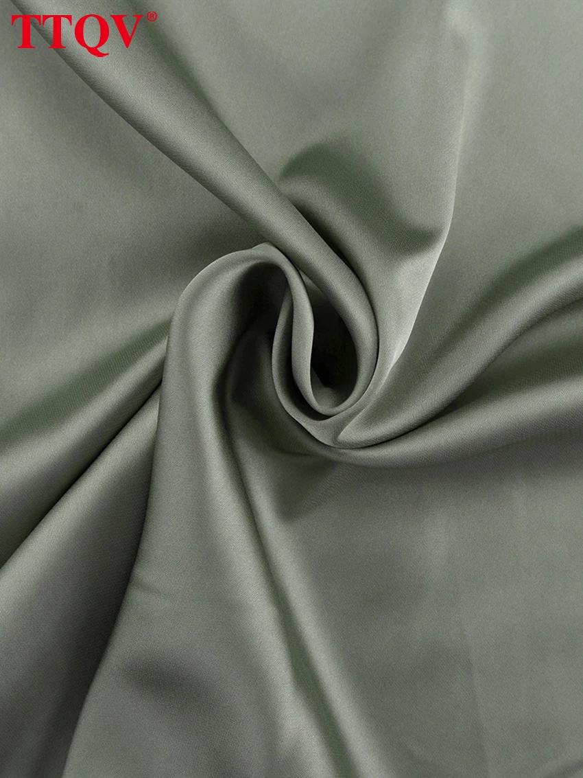 TTQV Fashion Loose Green Satin Women Dress 2024 Sexy V-Neck Long Sleeve Mini Dresses Elegant Classic High Waist Female Dress