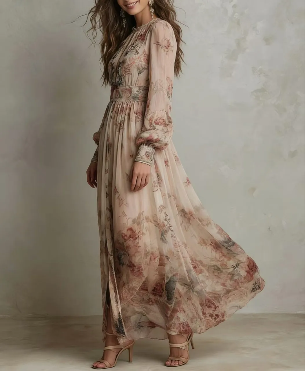 Elegant Long Sleeve Chiffon Long Dresses For Women 2026 Fashion Floral Print Slim Party Maxi Dress Casual