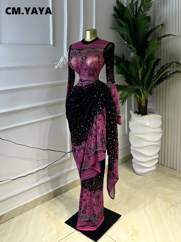 CM.YAYA Women Tie Dye Printed Stacked Ruched Long Sleeve Midi Bodycon Maxi Long Dress Birthday Party Education Trendy Dresses
