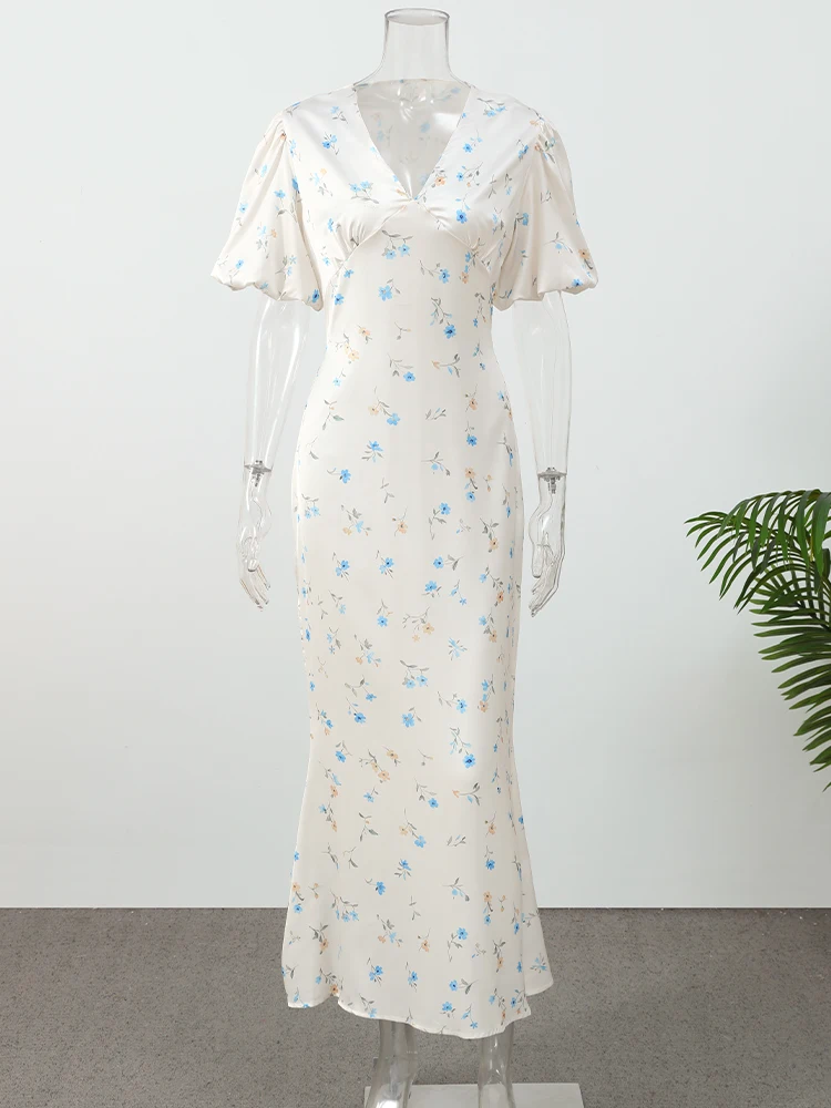Printed Floral Print Elegant Long Dress For Women Short Sleeve V Neck Fashion Slim Dress Satin Commuting Banquet Female Dress