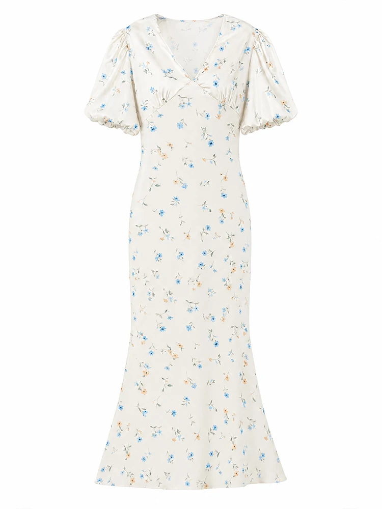 Printed Floral Print Elegant Long Dress For Women Short Sleeve V Neck Fashion Slim Dress Satin Commuting Banquet Female Dress