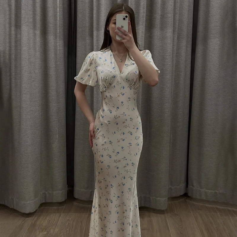Printed Floral Print Elegant Long Dress For Women Short Sleeve V Neck Fashion Slim Dress Satin Commuting Banquet Female Dress